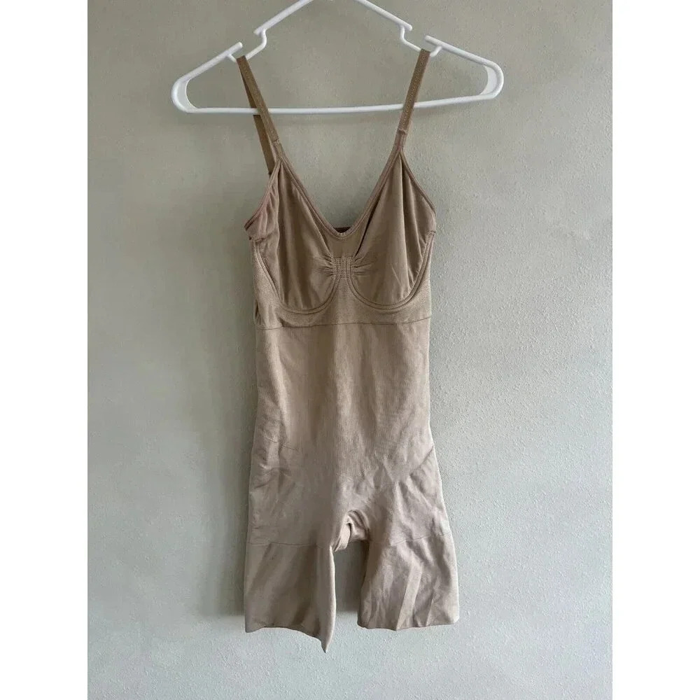 ASSETS by SPANX Women's Feminine Shaping Mid Thigh Bodysuit Beige Tan Medium M